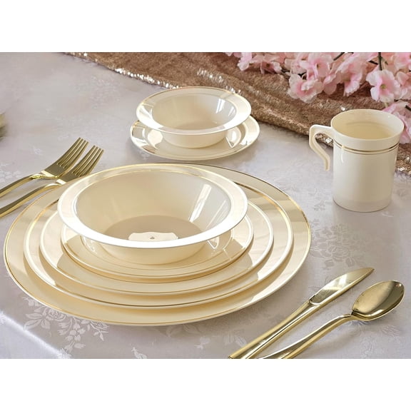OCCASIONS 120 Pack Heavyweight Ivory Gold Rim Disposable Plastic Plates for Wedding Party