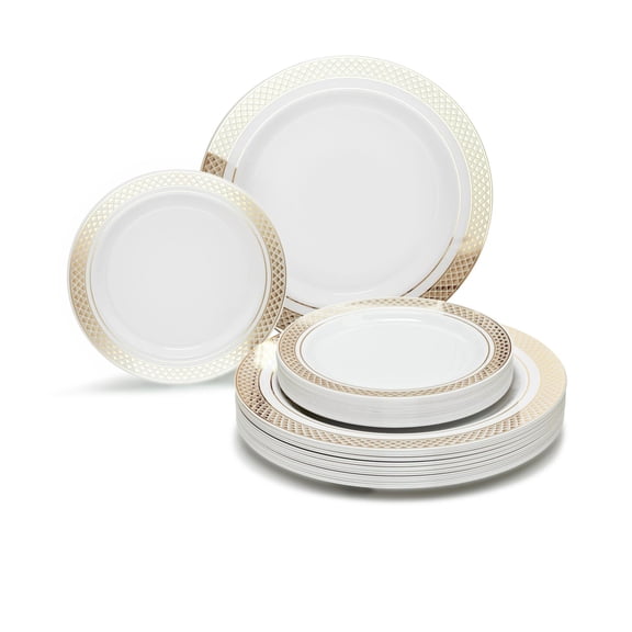 OCCASIONS 120 Pieces Pack,(60 Guests) Heavyweight Premium Wedding Party Disposable Plastic Plates Set -60 x 10.5'' Dinner + 60 x 7.5'' Salad / Dessert (Celebration White & Gold)