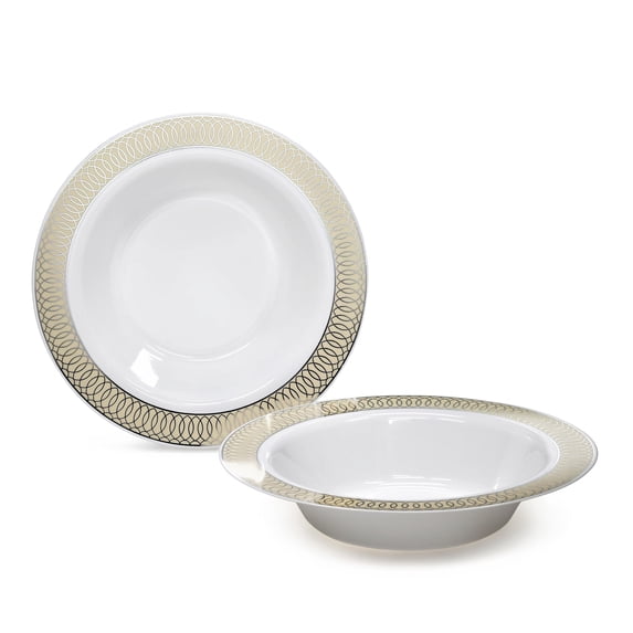 " OCCASIONS " 120 Pieces Pack, Disposable Wedding Party Plastic Bowls (12 oz Soup Bowl, Venice in White / Ivory & Silver)