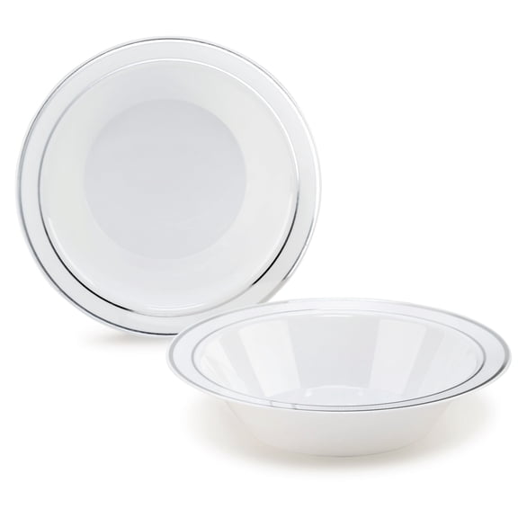 " OCCASIONS" 120 Pieces Pack, Heavyweight Disposable Wedding Party Plastic Bowl (14oz Soup Bowl, White & Silver Rim)