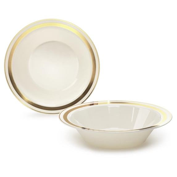 " OCCASIONS " 120 Pieces Pack, Heavyweight Disposable Wedding Party Plastic Bowls (14oz Soup Bowl, Soleil Ivory & Gold)