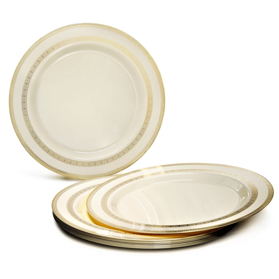 " OCCASIONS " 120 Pieces Pack, Heavyweight Disposable Wedding Party Plastic Plates (6.25'' Dessert/Bread Plate, Lace in Ivory & Gold)