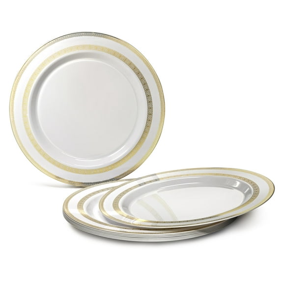 " OCCASIONS " 120 Pieces Pack, Heavyweight Disposable Wedding Party Plastic Plates (6.25'' Dessert/Bread Plate, Lace in White & Gold)