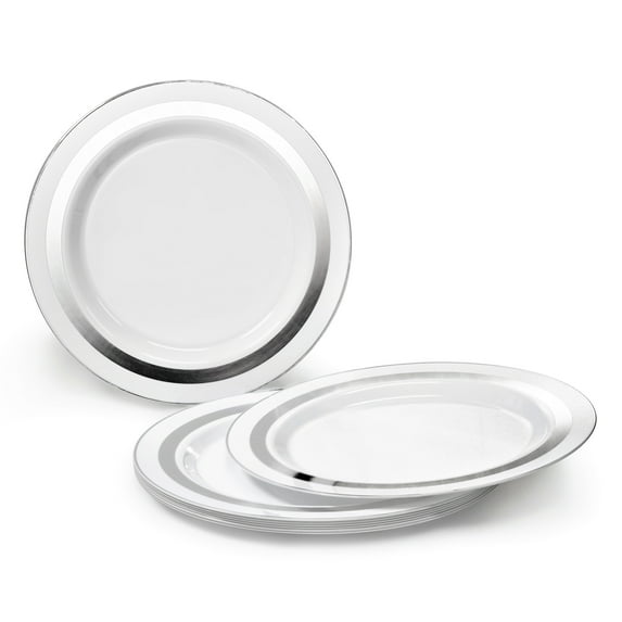 " OCCASIONS " 120 Pieces Pack, Heavyweight Disposable Wedding Party Plastic Plates (6.25'' Dessert/Bread Plate, Soleil White & Silver)