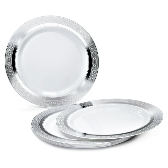 " OCCASIONS " 120 Pieces Pack, Heavyweight Disposable Wedding Party Plastic Plates (7.5'' Appetizer/Dessert Plate, Palace White & Silver)
