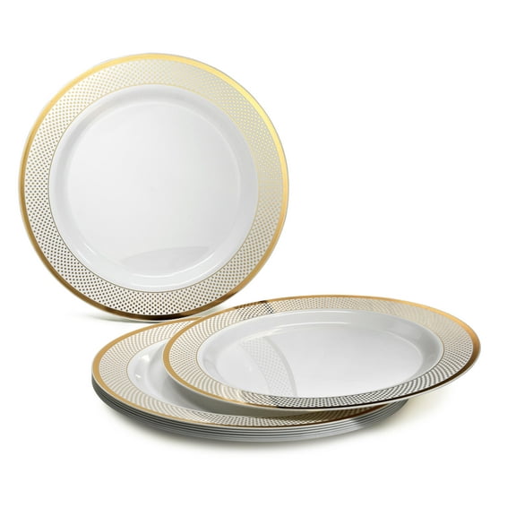 " OCCASIONS " 120 Pieces Pack, Heavyweight Disposable Wedding Party Plastic Plates (7.5'' Appetizer/Dessert Plate, Sundance White & Gold Rim)