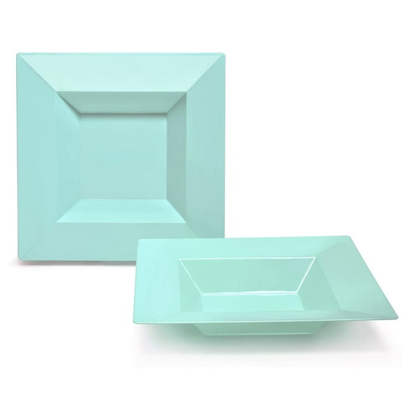 " OCCASIONS " 120 Pieces Plate Pack, Heavyweight Disposable Wedding Party Plastic Square Bowls (12oz Soup Bowl, Square in Blue Green)