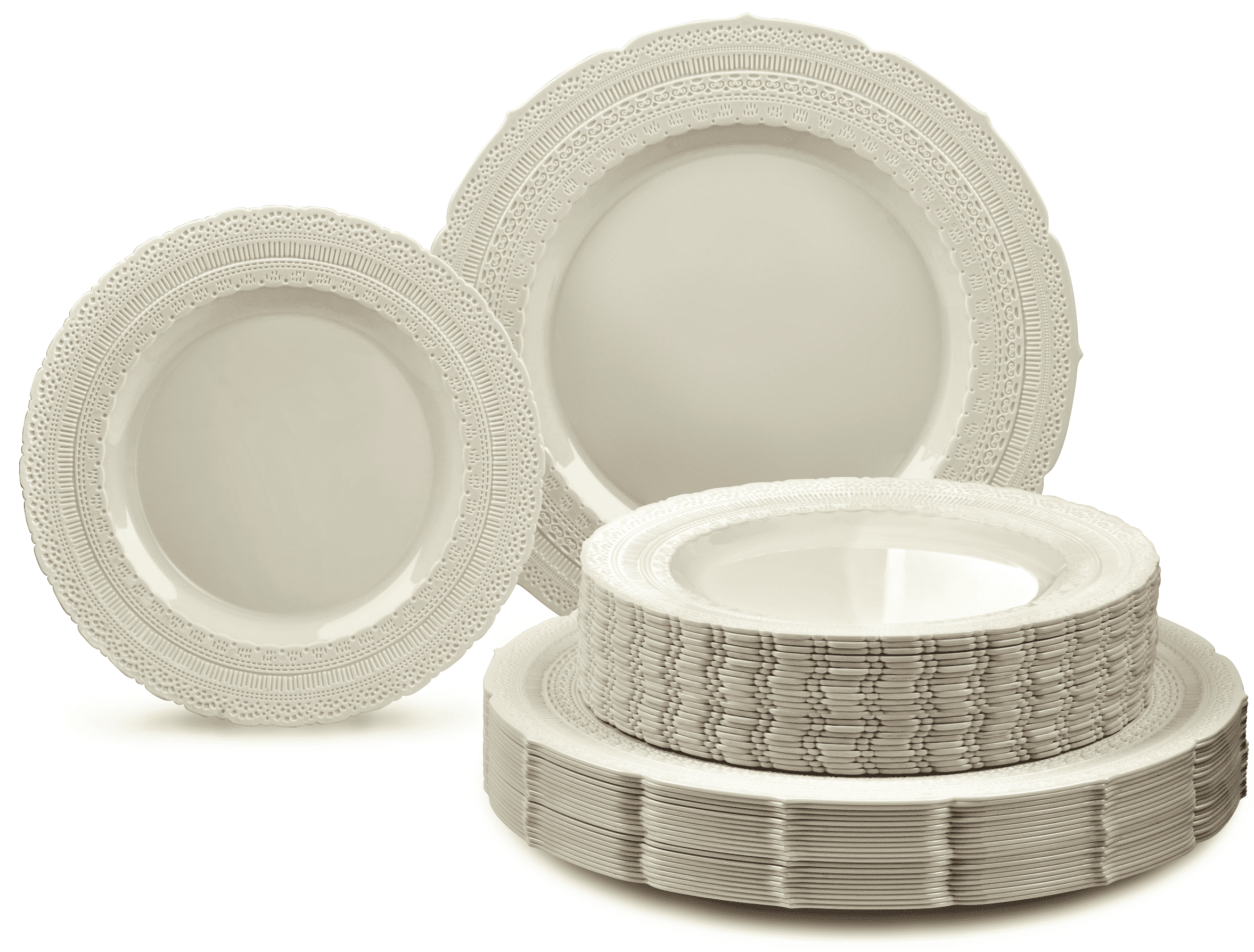 " OCCASIONS " 120 Plates Pack,(60 Guests) Extra Heavyweight Vintage Wedding Disposable / Reusable Plastic Plates 60 x 11'' Dinner + 60 x 8.25'' Salad / Dessert Plate (Chateau Ivory)