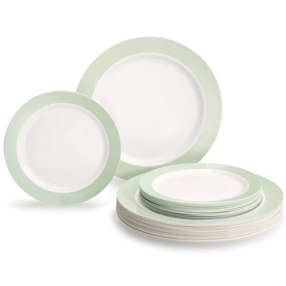 " OCCASIONS " 120 Plates Pack,(60 Guests) Heavyweight Premium Wedding Party Disposable Plastic Plates -60x10.25'' Dinner+60x7.5'' Salad/Dessert (Rio Collection White & Pearled Green)