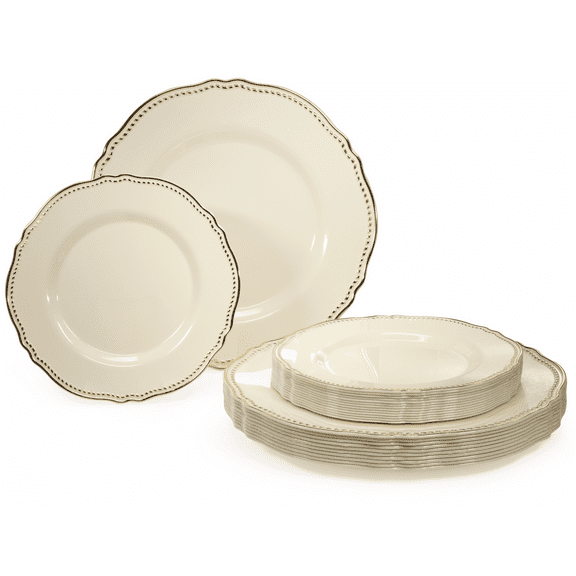 " OCCASIONS " 120 Plates Pack,(60 Guests) Heavyweight Premium Wedding Party Disposable Plastic Plates Set -60 x 10.25'' Dinner + 60 x 7.5'' Salad / Dessert (Rochelle Ivory and Gold)