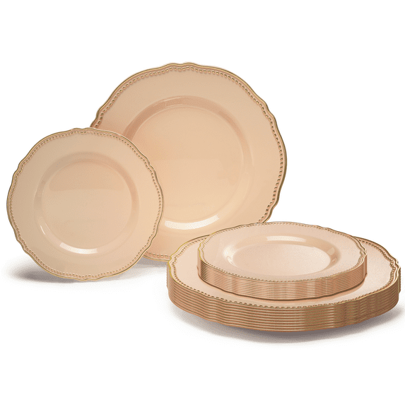 " OCCASIONS " 120 Plates Pack,(60 Guests) Heavyweight Premium Wedding Party Disposable Plastic Plates Set -60 x 10.25'' Dinner + 60 x 7.5'' Salad / Dessert (Rochelle Antique Rose and Gold)
