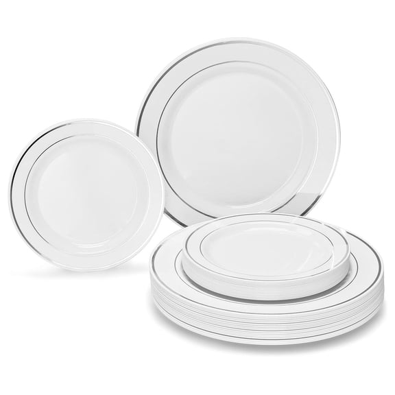 OCCASIONS 120 Plates Pack,(60 Guests) Heavyweight Premium Wedding Party Disposable Plastic Plates Set -60 x 10.5'' Dinner + 60 x 7.5'' Salad/Dessert (White & Silver Rim)