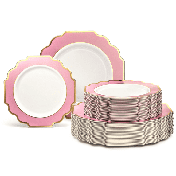" OCCASIONS " 120 Plates Pack,(60 Guests) Heavyweight Premium Wedding Party Disposable Plastic Plates Set -60 x 10.5'' Dinner + 60 x 8'' Salad/Dessert(Imperial in Light Pink & Gold)