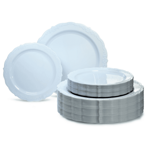 " OCCASIONS " 120 Plates Pack,(60 Guests) Vintage Wedding Party Disposable Plastic Plates Set -60 x 10'' Dinner + 60 x 7.5'' Salad / Dessert (Verona Blue)