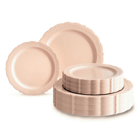 " OCCASIONS " 120 Plates Pack,(60 Guests) Vintage Wedding Party Disposable Plastic Plates Set -60 x 10'' Dinner + 60 x 7.5'' Salad / Dessert (Verona Blush / Antique Rose)