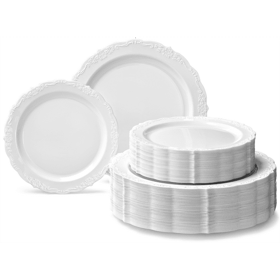 " OCCASIONS " 120 Plates Pack,(60 Guests) Vintage Wedding Party Disposable Plastic Plates Set -60 x 10'' Dinner + 60 x 7.5'' Salad / Dessert (Verona Plain White)