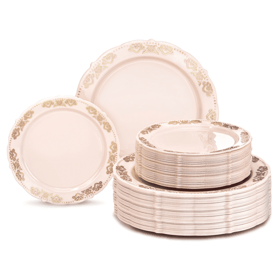 " OCCASIONS " 120 Plates Pack,(60 Guests) Vintage Wedding Party Disposable Plastic Plates Set -60x10.25'' Dinner+ 60x7.5'' Salad/Dessert Plate (Portofino Light Pink / Blush & Gold)