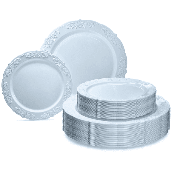 " OCCASIONS " 120 Plates Pack,(60 Guests) Vintage Wedding Party Disposable Plastic Plates Set -60x10.25'' Dinner+ 60x7.5'' Salad/Dessert Plate (Portofino Plain Blue)