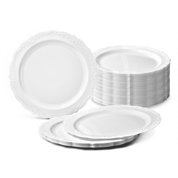 " OCCASIONS " 120 Plates Pack, Disposable Wedding Party Plastic Plates (10'' Dinner Plate, Verona in White)