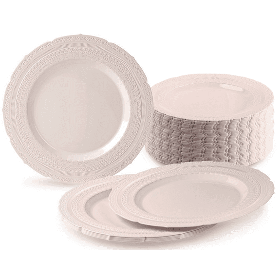 " OCCASIONS " 120 Plates Pack, Extra Heavyweight Vintage Wedding Party Disposable Plastic Plates (7'' Dessert Plate, Chateau in Blush Pink)
