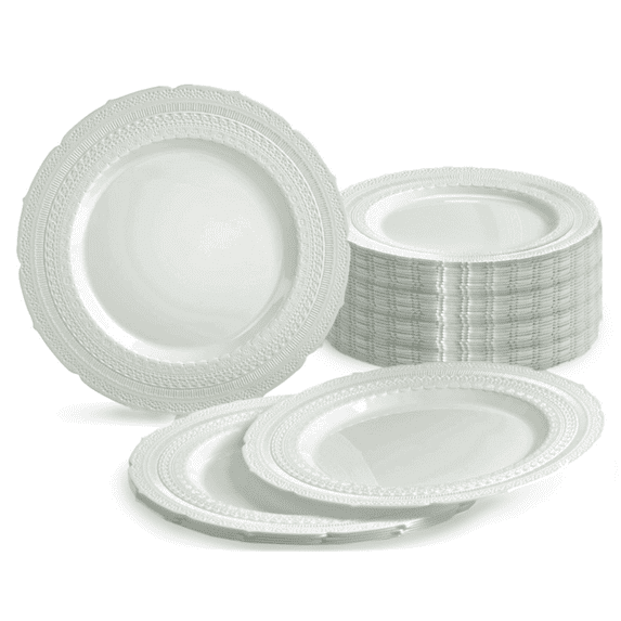 " OCCASIONS " 120 Plates Pack, Extra Heavyweight Vintage Wedding Party Disposable Plastic Plates (7'' Dessert Plate, Chateau in Gray)