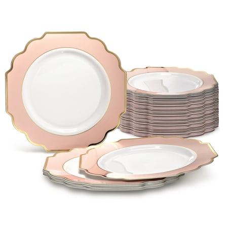 " OCCASIONS " 120 Plates Pack, Heavyweight Disposable Wedding Party Plastic Plates (10.5'' Dinner Plate, Imperial in White / Blush & Gold)
