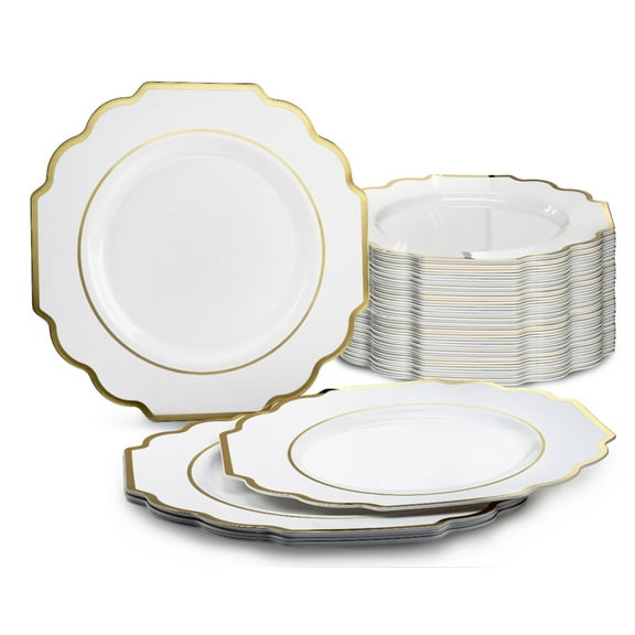 " OCCASIONS " 120 Plates Pack, Heavyweight Disposable Wedding Party Plastic Plates (10.5'' Dinner Plate ,Imperial in White & Gold)