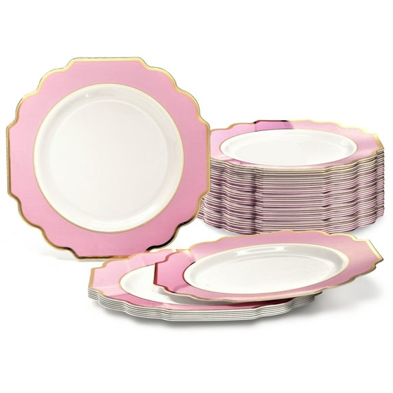 " OCCASIONS " 120 Plates Pack, Heavyweight Disposable Wedding Party Plastic Plates (10.5'' Dinner Plate, Imperial in White / Light Pink & Gold)