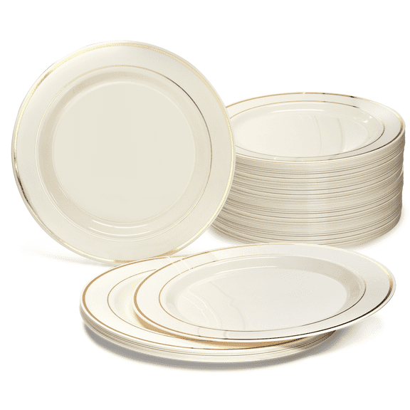 " OCCASIONS" 120 Plates Pack, Heavyweight Disposable Wedding Party Plastic Plates (10.5'' Dinner Plate, Ivory & Gold Rim)