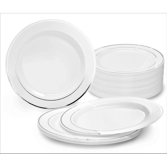 " OCCASIONS" 120 Plates Pack, Heavyweight Disposable Wedding Party Plastic Plates (10.5'' Dinner Plate, White & Silver Rim)