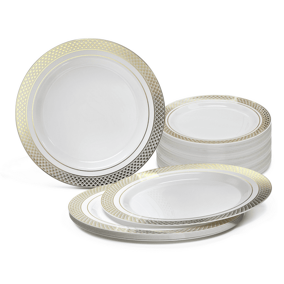 " OCCASIONS " 120 Pieces Pack, Heavyweight Disposable Wedding Party Plastic Plates (7.5'' Appetizer/Dessert Plate, Celebration in White & Gold)