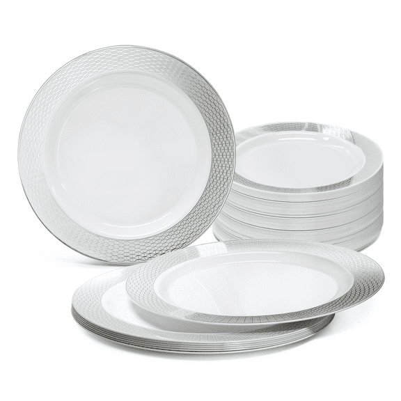 " OCCASIONS " 120 Pieces Pack, Heavyweight Disposable Wedding Party Plastic Plates (7.5'' Appetizer/Dessert Plate, Diamond in White & Silver)