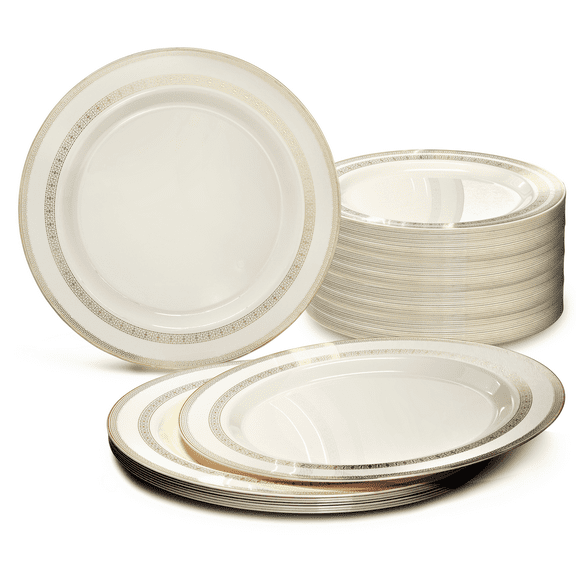 " OCCASIONS " 120 Plates Pack, Heavyweight Disposable Wedding Party Plastic Plates (7.5'' Appetizer/Dessert Plate, Lace in Ivory & Gold)