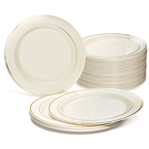 " OCCASIONS" 120 Plates Pack, Heavyweight Disposable Wedding Party Plastic Plates (9'' Luncheon Plate, Ivory & Gold Rim)