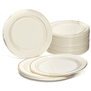 OCCASIONS 120 Plates Pack, Heavyweight Disposable Wedding Party Plastic Plates 9 Luncheon Plate, Ivory & Gold Rim