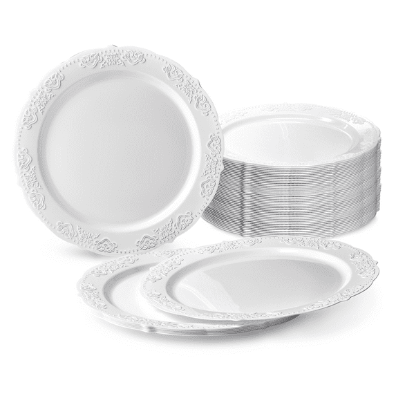 " OCCASIONS " 120 Plates Pack, Vintage Style, Disposable Wedding Party Plastic Plates (10.25'' Dinner Plate, Portofino Plain White)