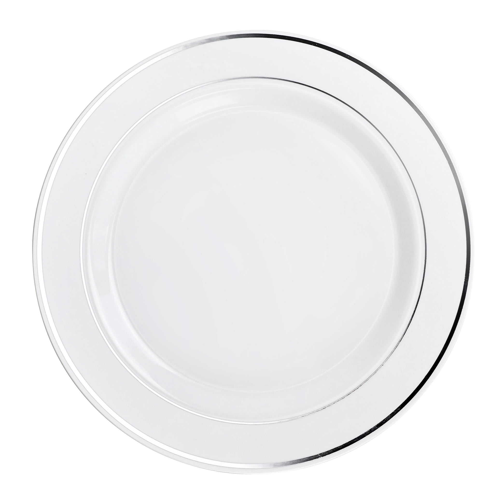 " OCCASIONS" 120 pcs Chargers pack Wedding Party 12'' Disposable Plastic Charger Plates/Chargers (White & Silver Rim)