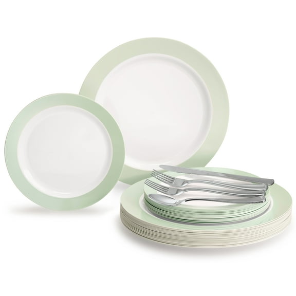 " OCCASIONS " 150 Pcs set (25 Guests)-Wedding Disposable Plastic Plates & cutlery - Dinnerware 10.25'', 7.5''+Silverware w/double fork (Rio in White & Pearled Green)
