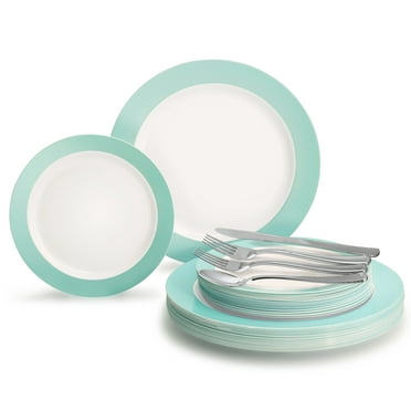 " OCCASIONS " 150 Pcs set (25 Guests)-Wedding Disposable Plastic Plates & cutlery - Dinnerware 10.25'', 7.5''+Silverware w/double fork (Rio in White & Pearled Turquoise)