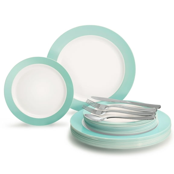 " OCCASIONS " 150 Pcs set (25 Guests)-Wedding Disposable Plastic Plates & cutlery - Dinnerware 10.25'', 7.5''+Silverware w/double fork (Rio in White & Pearled Turquoise)