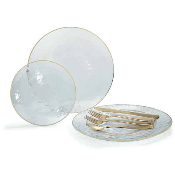 " OCCASIONS " 150 Pcs set (25 Guests)-Wedding Disposable Plastic Plates & cutlery - Dinnerware 10'', 7'' + Silverware w/double fork (Coastal Clear & Gold)