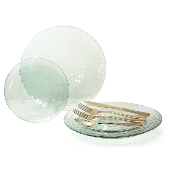 " OCCASIONS " 150 Pcs set (25 Guests)-Wedding Disposable Plastic Plates & cutlery - Dinnerware 10'', 7'' + Silverware w/double fork (Coastal Clear Green)