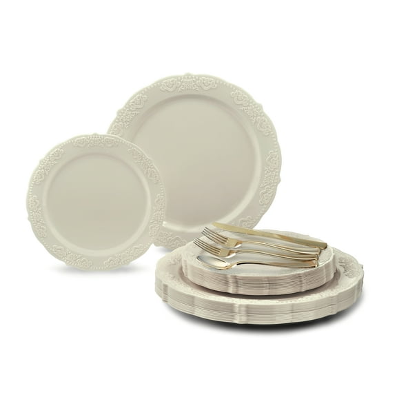 " OCCASIONS " 150 Piece set (25 Guests) Vintage Wedding Party Disposable Dinnerware Set Plastic Plates 10.25'', 7.5'' +Gold Silverware w/double fork (Portofino Plain Ivory)