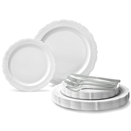 " OCCASIONS " 150 Piece set (25 Guests)-Vintage Wedding Plastic Plates & cutlery -Disposable Dinnerware 10'', 7.5'' + Silverware w/double fork (Verona Plain White)