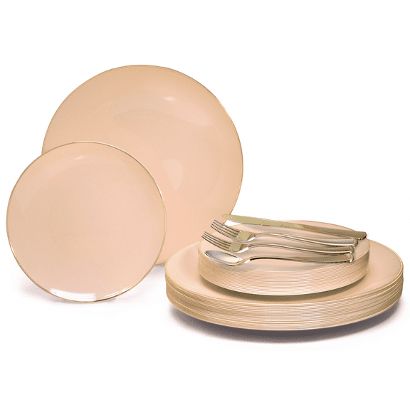 " OCCASIONS " 150 Piece set (25 Guests)-Wedding Plastic Plates & cutlery -Disposable Dinnerware 10.25'', 7.5'' + Silverware w/double fork (Bali in Blush & Gold)