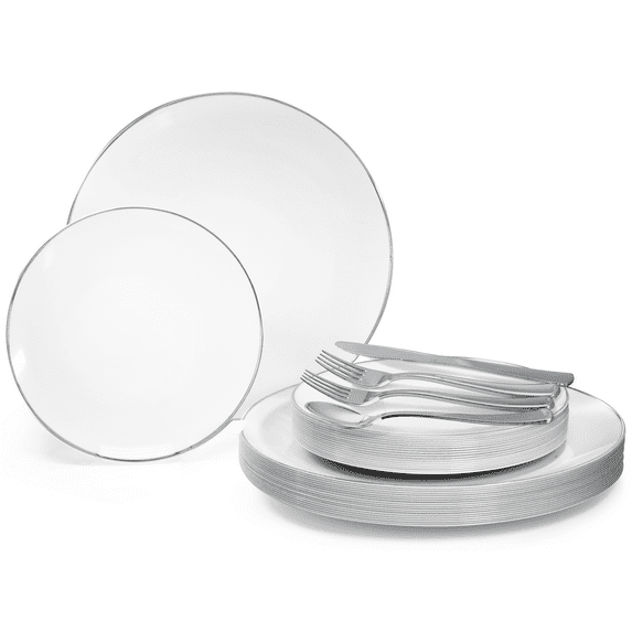 " OCCASIONS " 150 Piece set (25 Guests)-Wedding Plastic Plates & cutlery -Disposable Dinnerware 10.25'', 7.5'' + Silverware w/double fork (Bali in White & Silver)