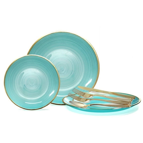" OCCASIONS " 150 Piece set (25 Guests)-Wedding Plastic Plates & cutlery -Disposable Dinnerware 10'', 7'' + Gold Silverware w/double fork (Belize in Aqua & Gold)
