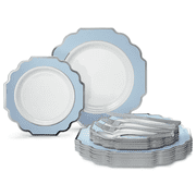 OCCASIONS 150 Piece set 25 Guests-Wedding Plastic Plates & cutlery -Disposable heavyweight Dinnerware 10.5,8+Silverware w/double fork Imperial in White/Baby Blue & Silver