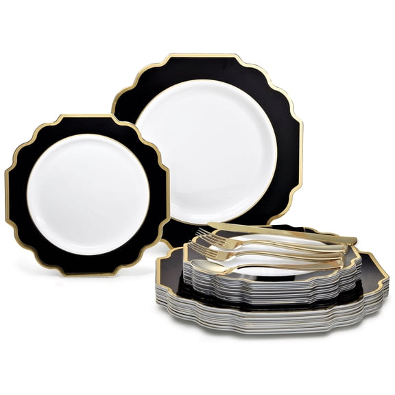 " OCCASIONS " 150 Piece set (25 Guests)-Wedding Plastic Plates & cutlery -Disposable heavyweight Dinnerware 10.5'', 8'' + Silverware w/double fork (Imperial in White/Black & Gold)