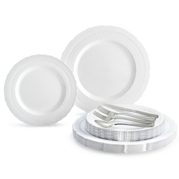 " OCCASIONS " 150pcs set (25 Guests) Extra Heavyweight Vintage Wedding Disposable / Reusable Plastic Plates (25 x 11'' + 25 x 8.25'') +Silverware (Chateau Collection in White)